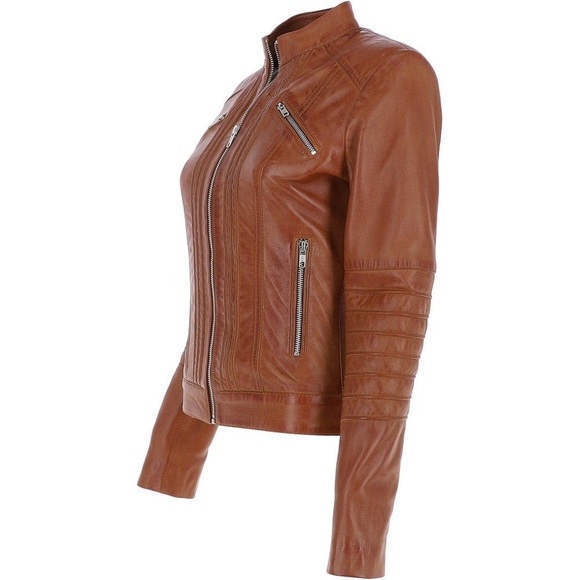 Ladies Genuine Leather Biker Jacket Tan: BR-Alice - Picture 1 of 9